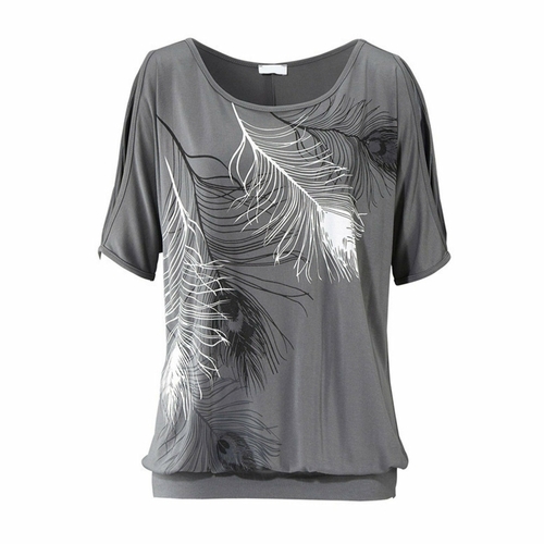 Womens Cut Shoulder Casual T Shirt with Feather Print - Image 5