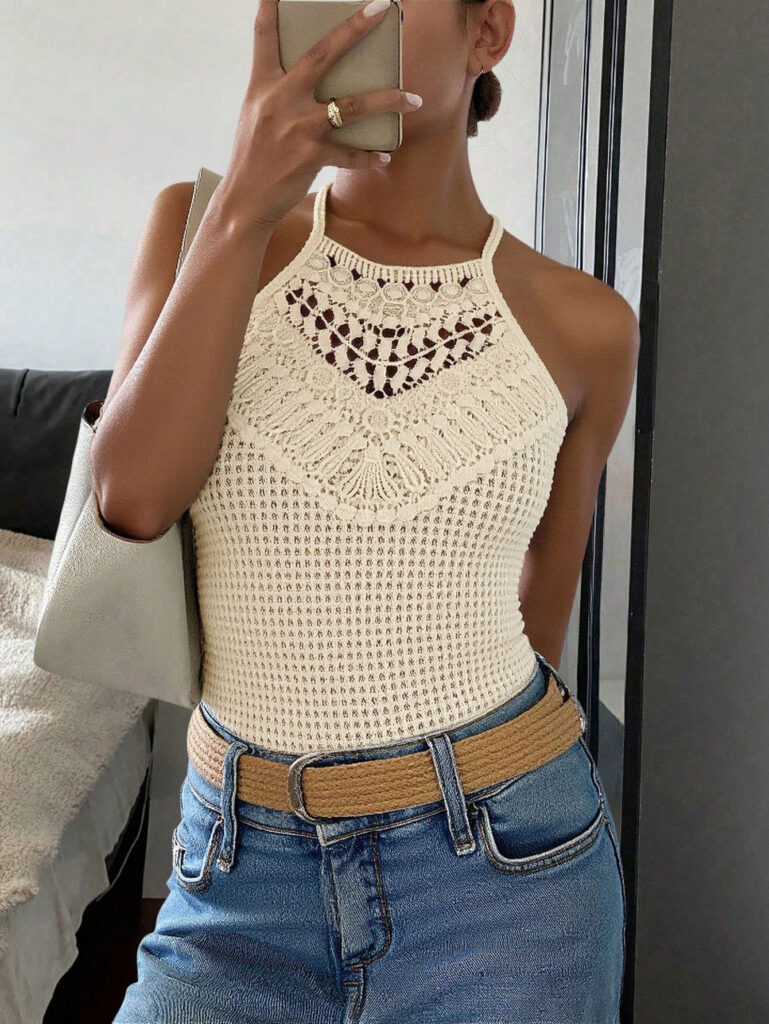 Womens Geometric Hollow-Out Diamond-Motif Lace Tank Top