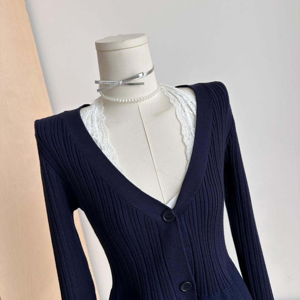 Navy Blue Waist-Cinching Low-Neck All-Match Long-Sleeve V-Neck Knitted Cardigan