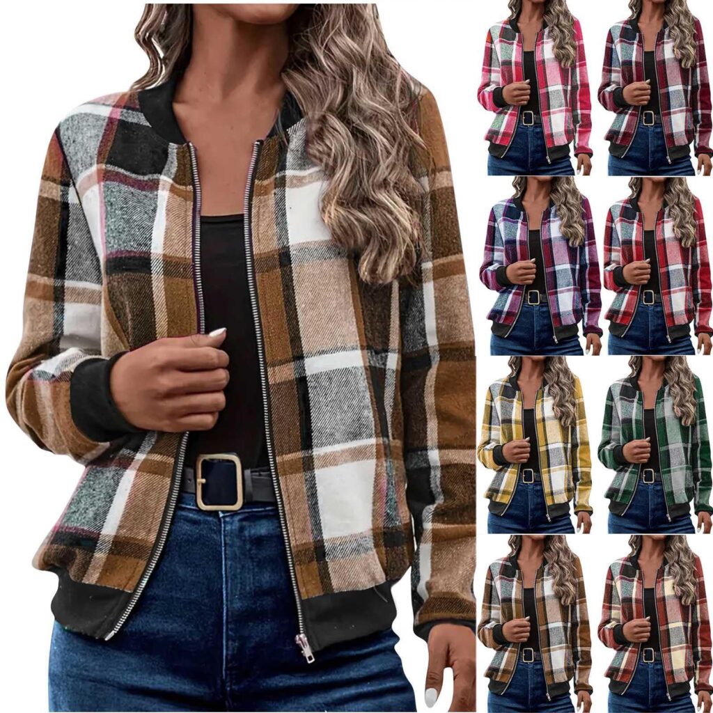 Plaid jackets in various colors displayed.