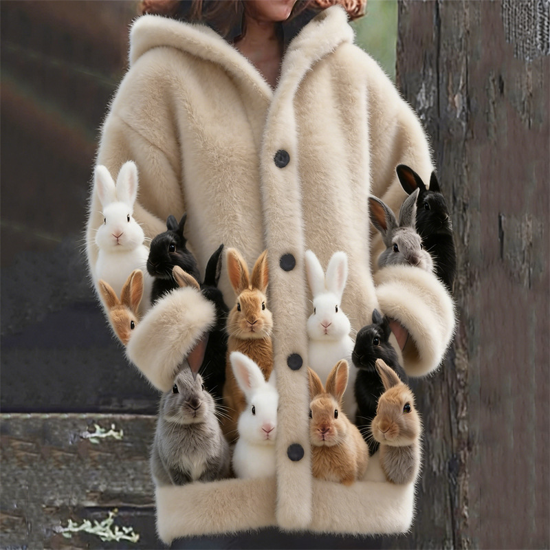 Person wearing coat with multiple colorful rabbits.