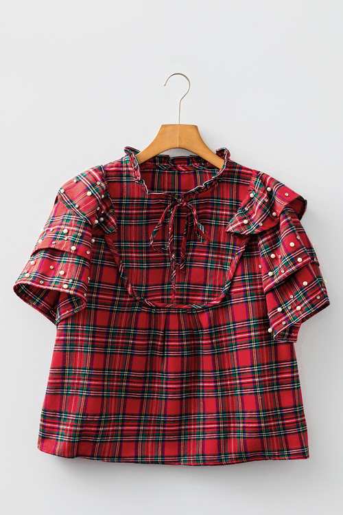 Christmas Plaid Pearl Embellished Ruffle Sleeve Blouse - Image 3