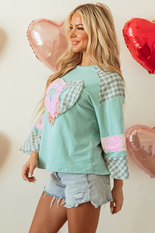 Valentine Heart Plaid Floral Patchwork Long Sleeve Top - Image 3