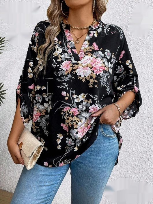 Womens Loose Top With Floral Print Long Sleeves And Ruched Details - Image 7