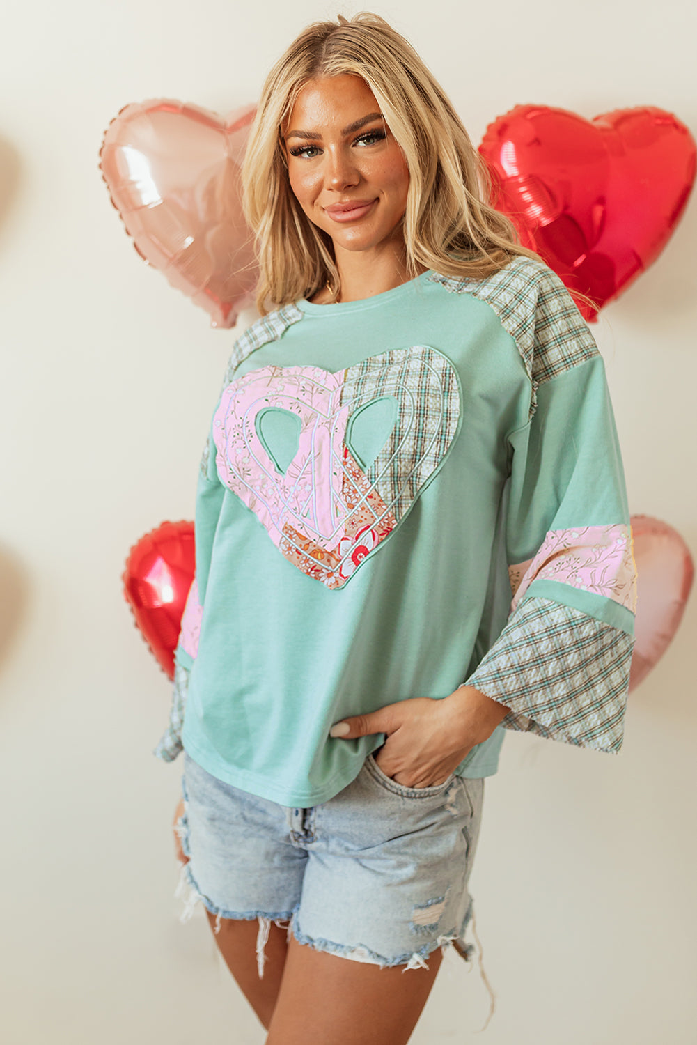 Valentine Heart Plaid Floral Patchwork Long Sleeve Top - Image 13