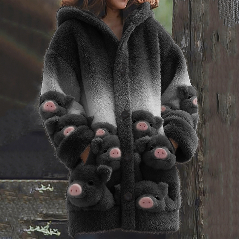 Cozy coat with piglet design pattern.