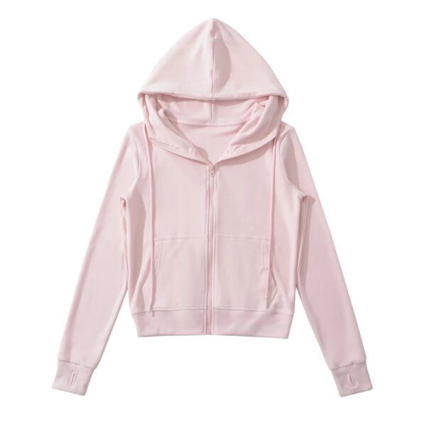 Pink hooded zip-up jacket on white background.