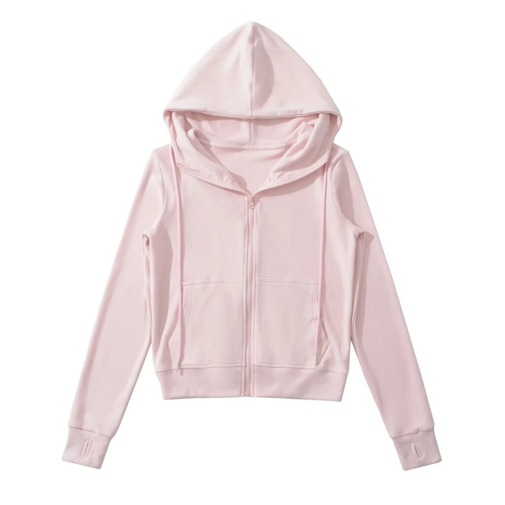 Pink zip-up hoodie with hood.