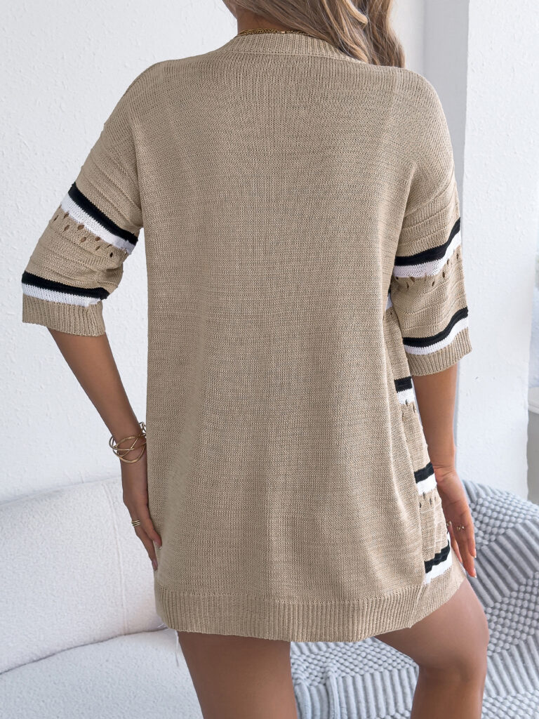 Womens Casual Striped Hollowed-Out Knitted Top With Three-Quarter Sleeves