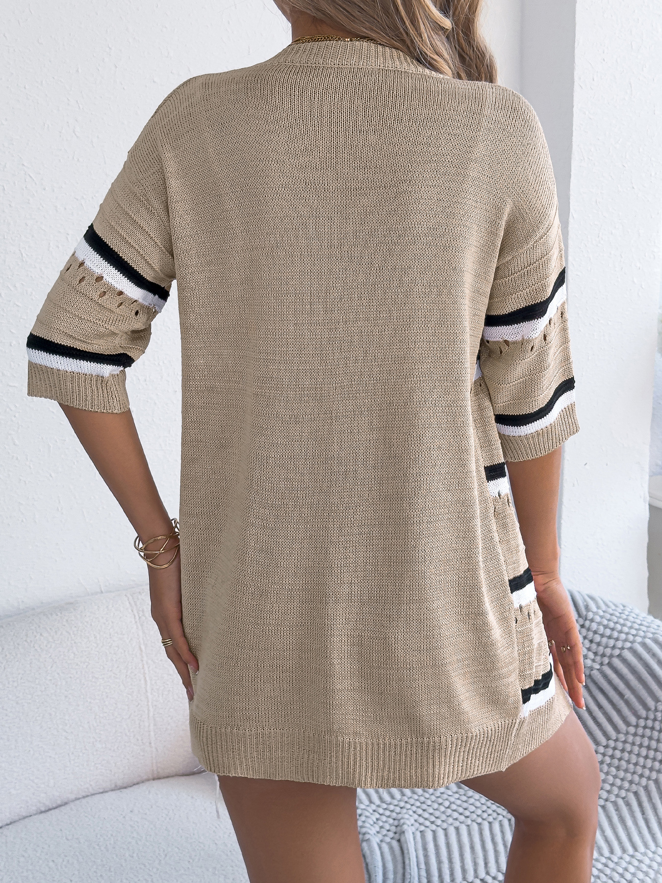 Womens Casual Striped Hollowed-Out Knitted Top With Three-Quarter Sleeves - Image 18