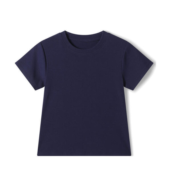 Plain navy blue short-sleeve T-shirt.
