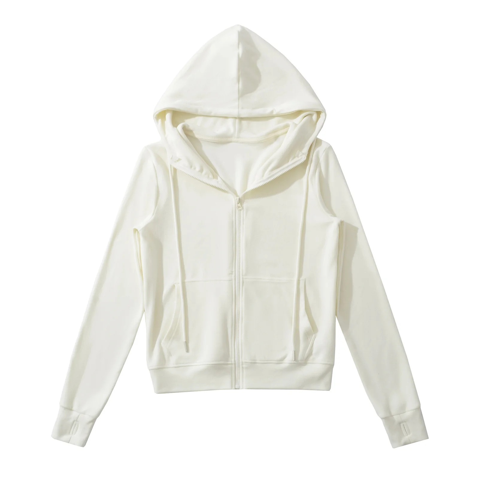 White zip-up hoodie with hood.