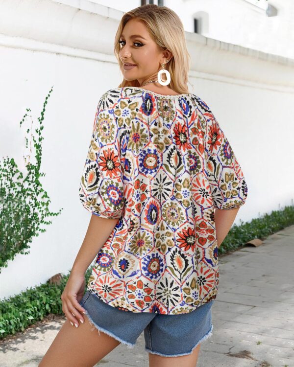 Bohemian Casual V-neck Short-sleeve Printed Blouse - Image 22