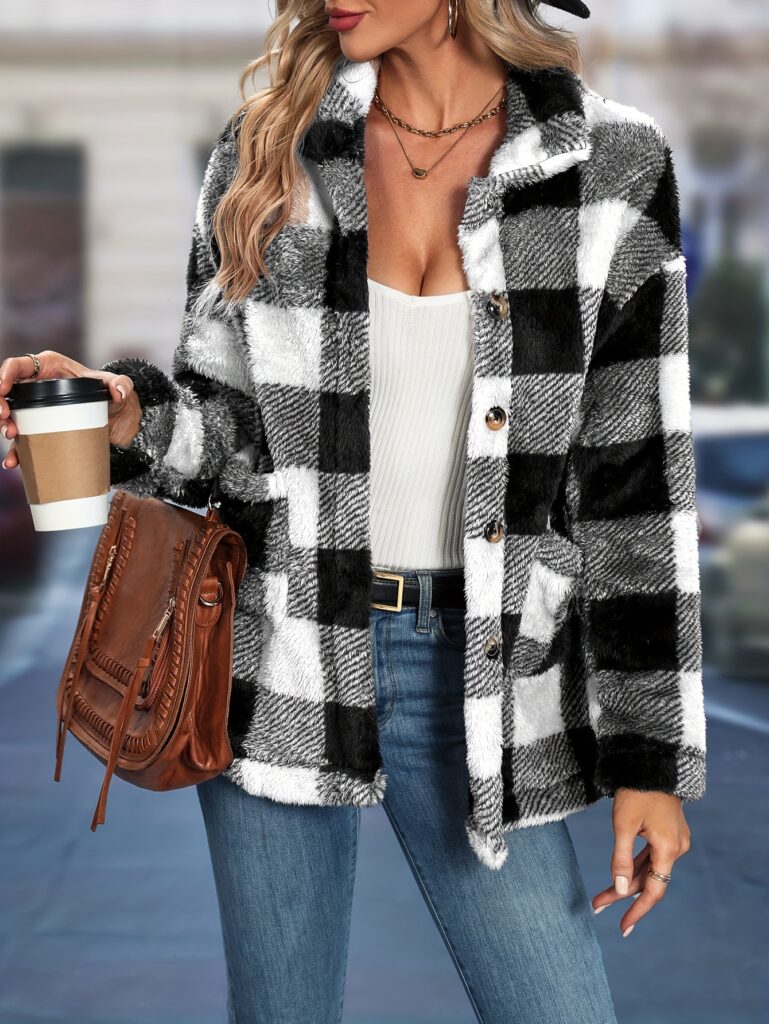 Womens European And American-style Tartan-patterned Lapel Flannel Coat