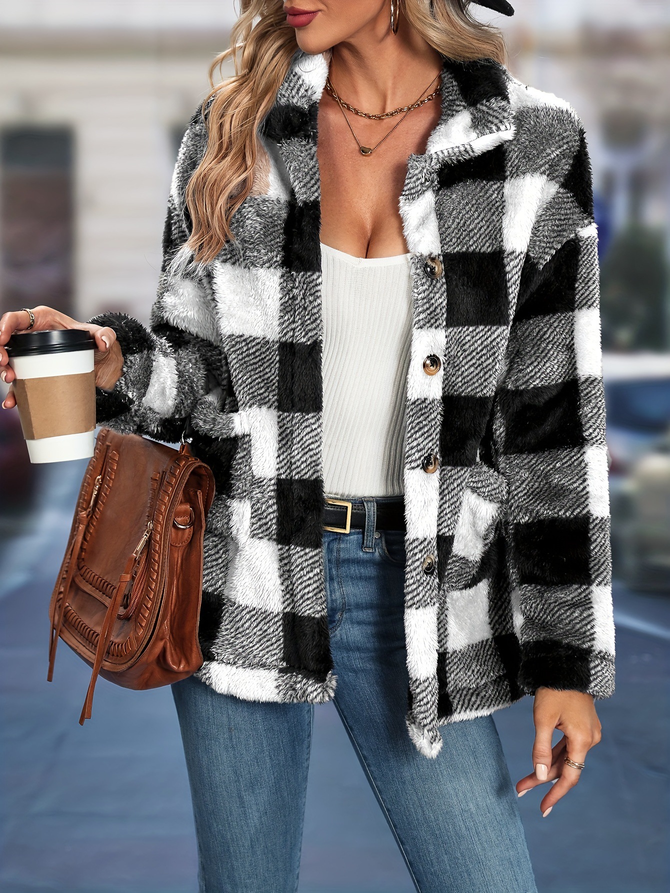 Womens European And American-style Tartan-patterned Lapel Flannel Coat - Image 8