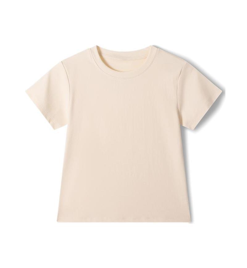Beige short-sleeve t-shirt on white background.