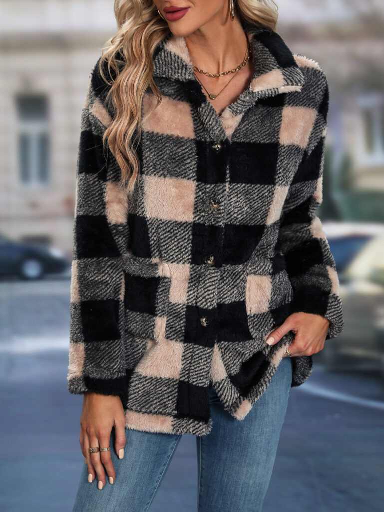 Womens European And American-style Tartan-patterned Lapel Flannel Coat