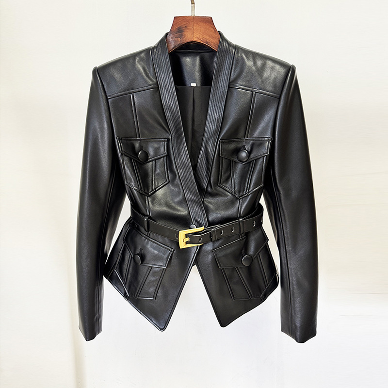 Black leather jacket with belt detailing.