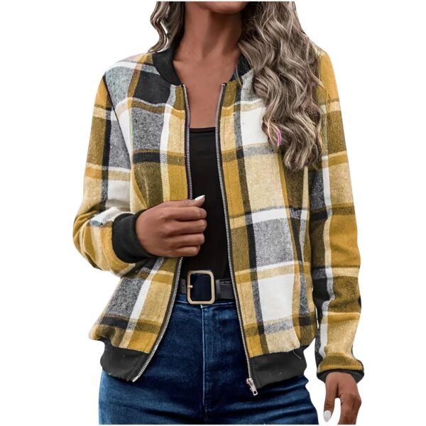 Woman wearing yellow plaid jacket, black shirt.
