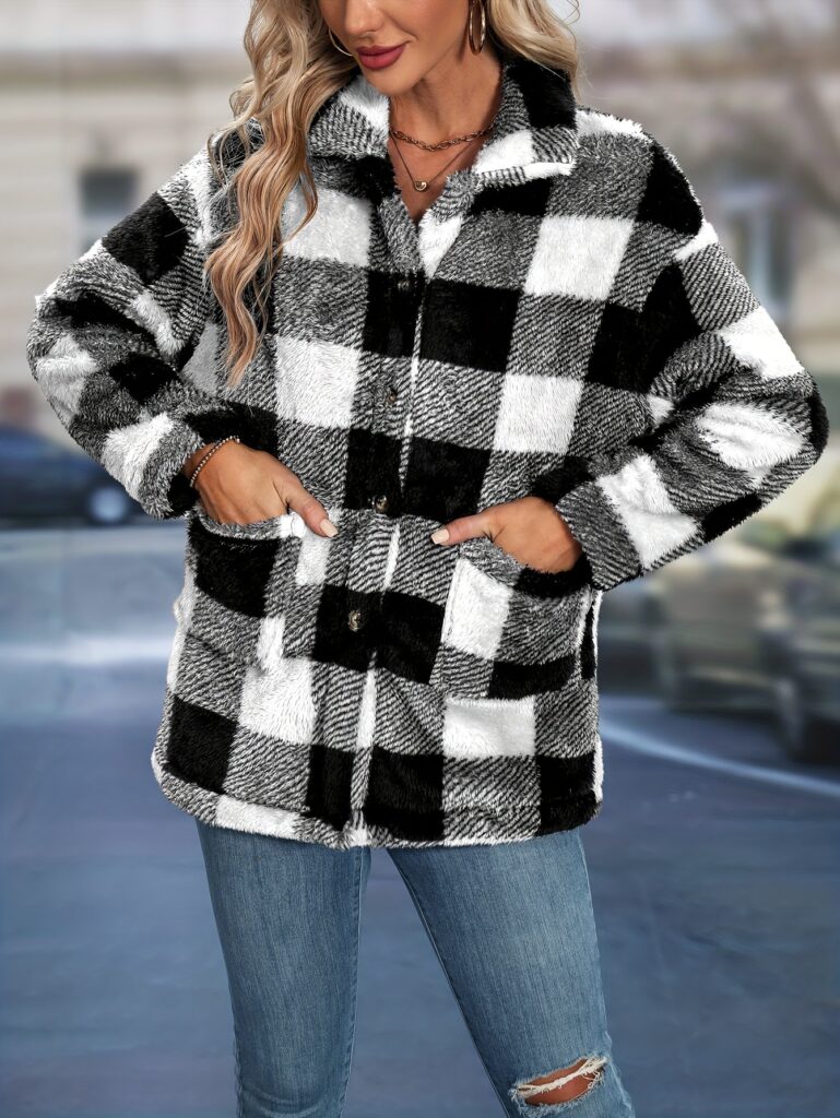 Womens European And American-style Tartan-patterned Lapel Flannel Coat