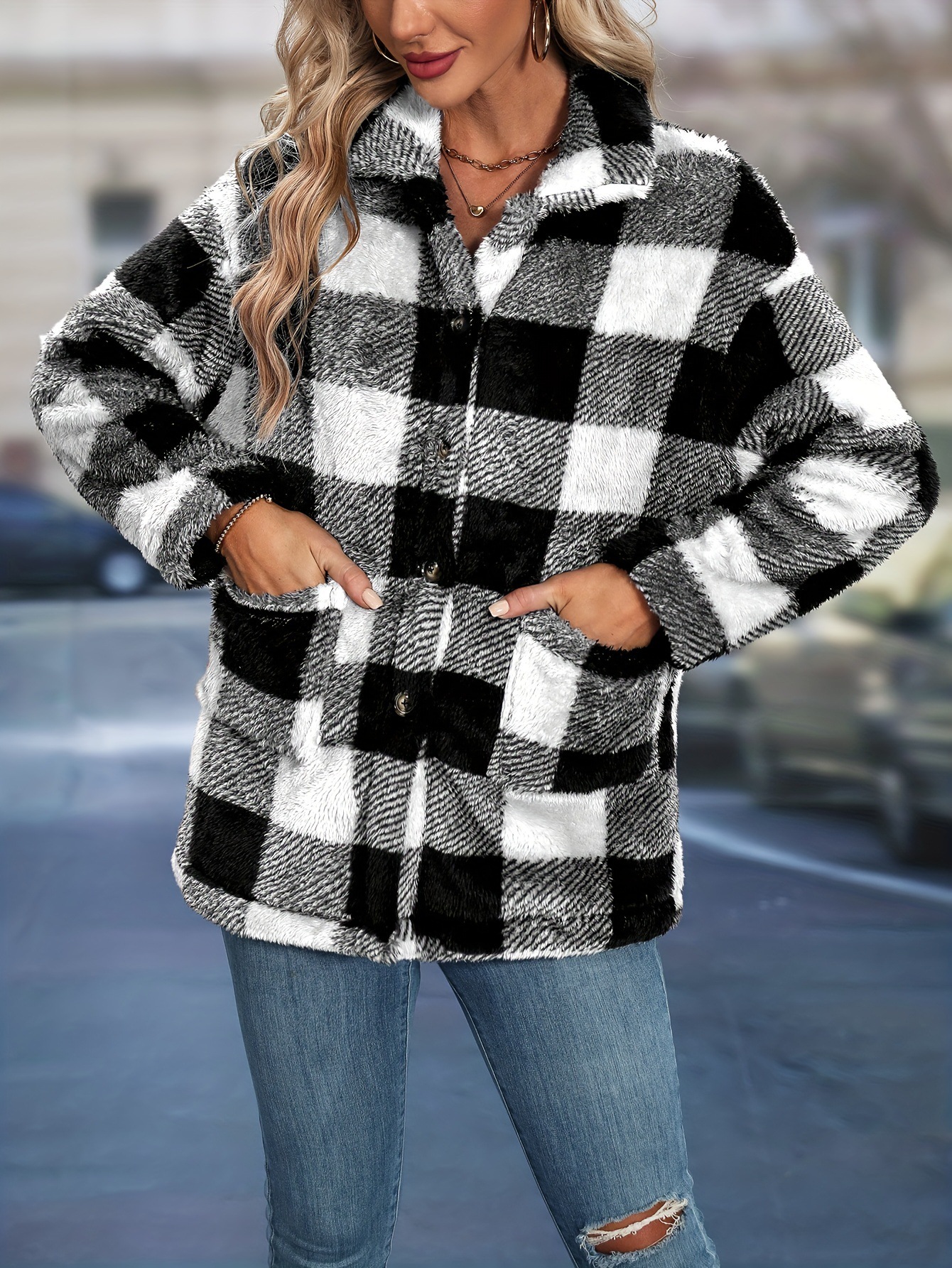 Womens European And American-style Tartan-patterned Lapel Flannel Coat - Image 17