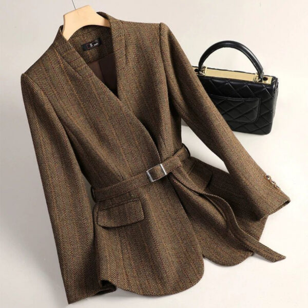Brown blazer with belt and black handbag.