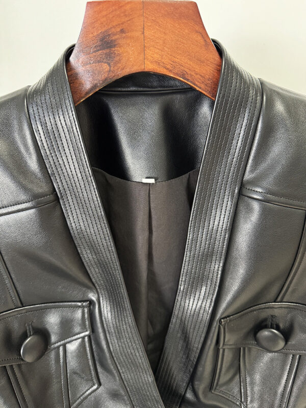New European And American-style Fashionable Belt-tie Slim-fit Leather Jacket - Image 8