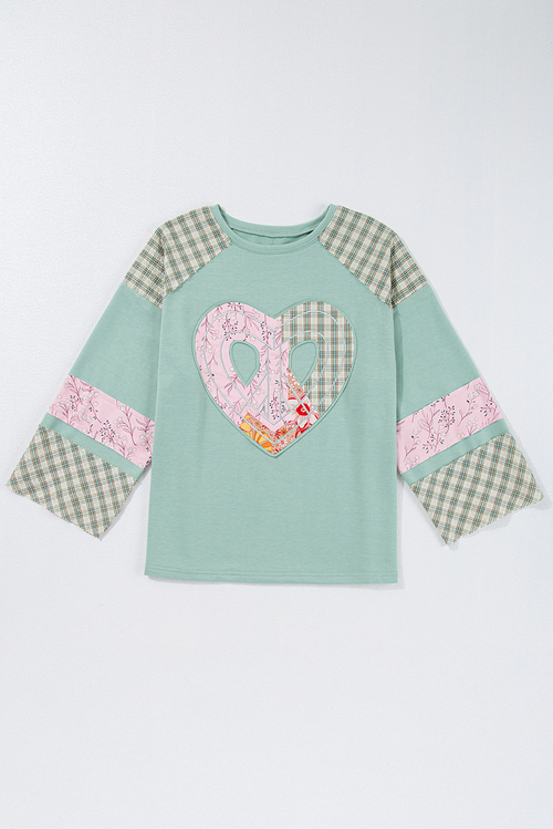 Valentine Heart Plaid Floral Patchwork Long Sleeve Top - Image 6