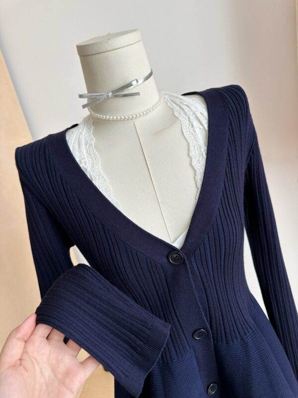 Navy Blue Waist-Cinching Low-Neck All-Match Long-Sleeve V-Neck Knitted Cardigan - Image 14