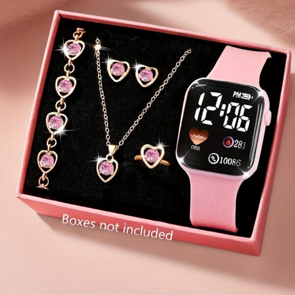 Minimalist And Compact Heart-Shaped Dial Square LED Watch Necklace Earrings Ring Set - Image 13