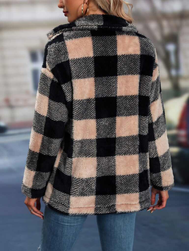 Womens European And American-style Tartan-patterned Lapel Flannel Coat
