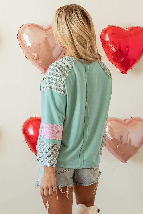 Valentine Heart Plaid Floral Patchwork Long Sleeve Top - Image 2