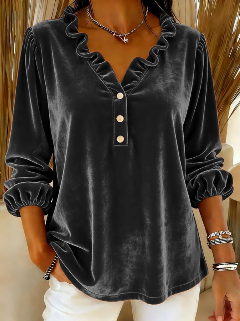 Fashionable Casual Commuter Womens Long-Sleeve Top With A V-Neck And Buttons