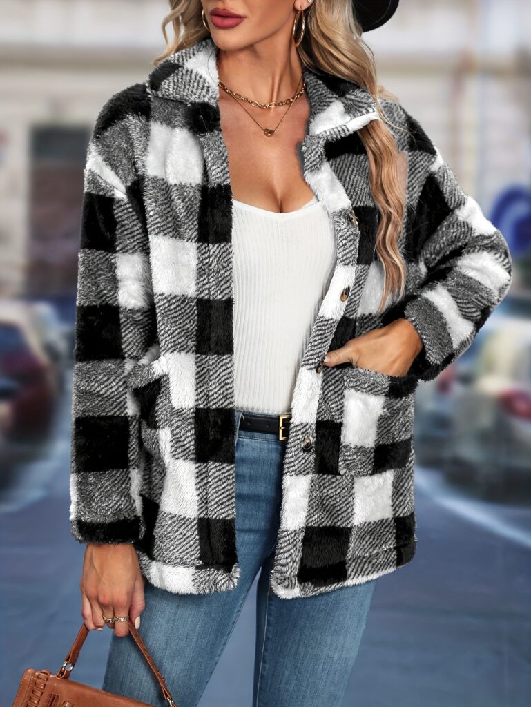 Womens European And American-style Tartan-patterned Lapel Flannel Coat