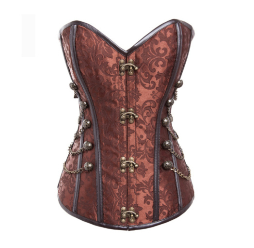 Steampunk-style brown corset with decorative chains.