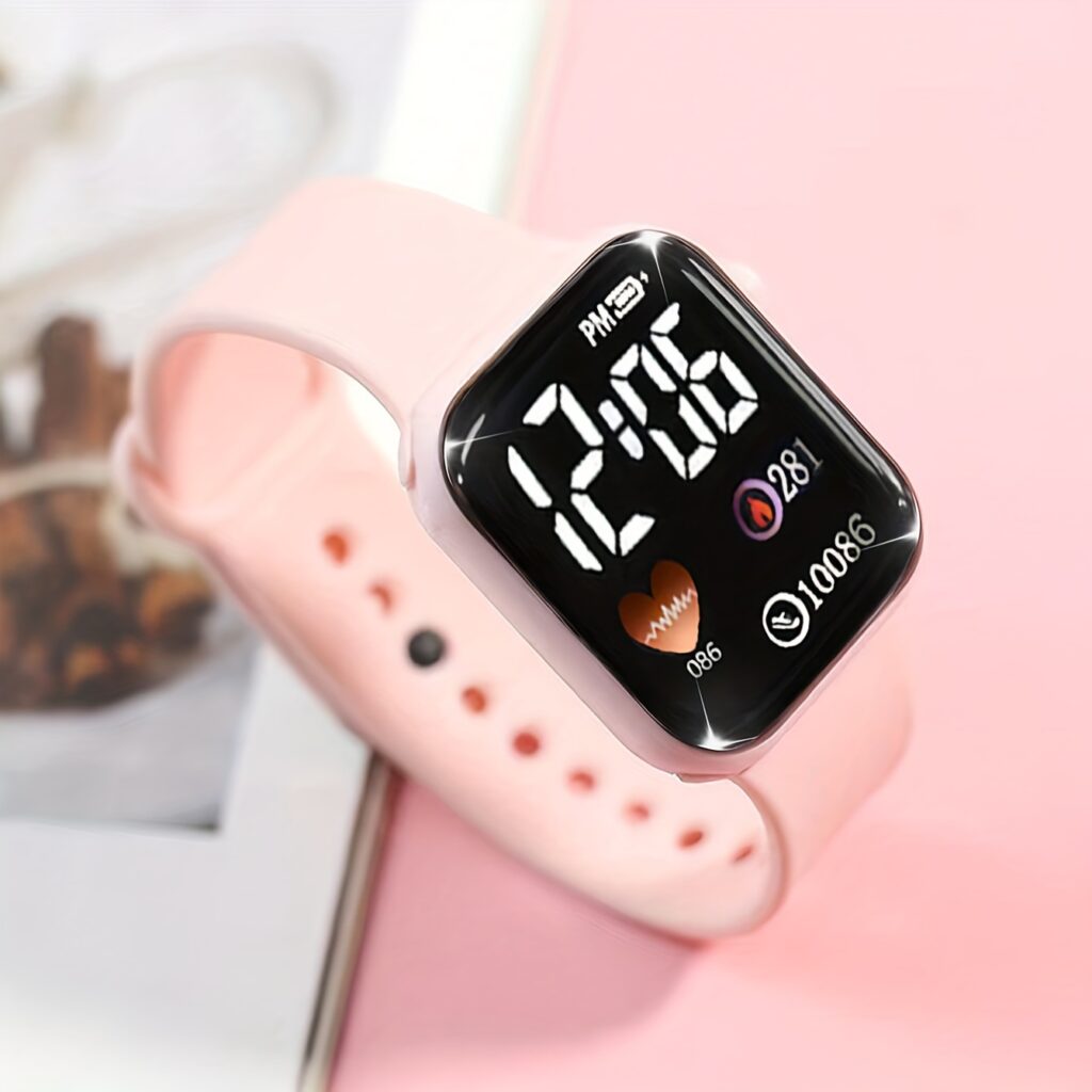 Minimalist And Compact Heart-Shaped Dial Square LED Watch Necklace Earrings Ring Set
