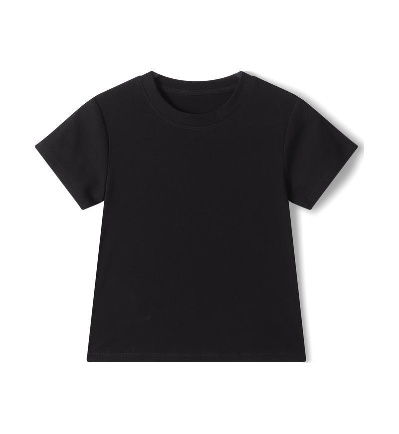 Plain black T-shirt on white background.