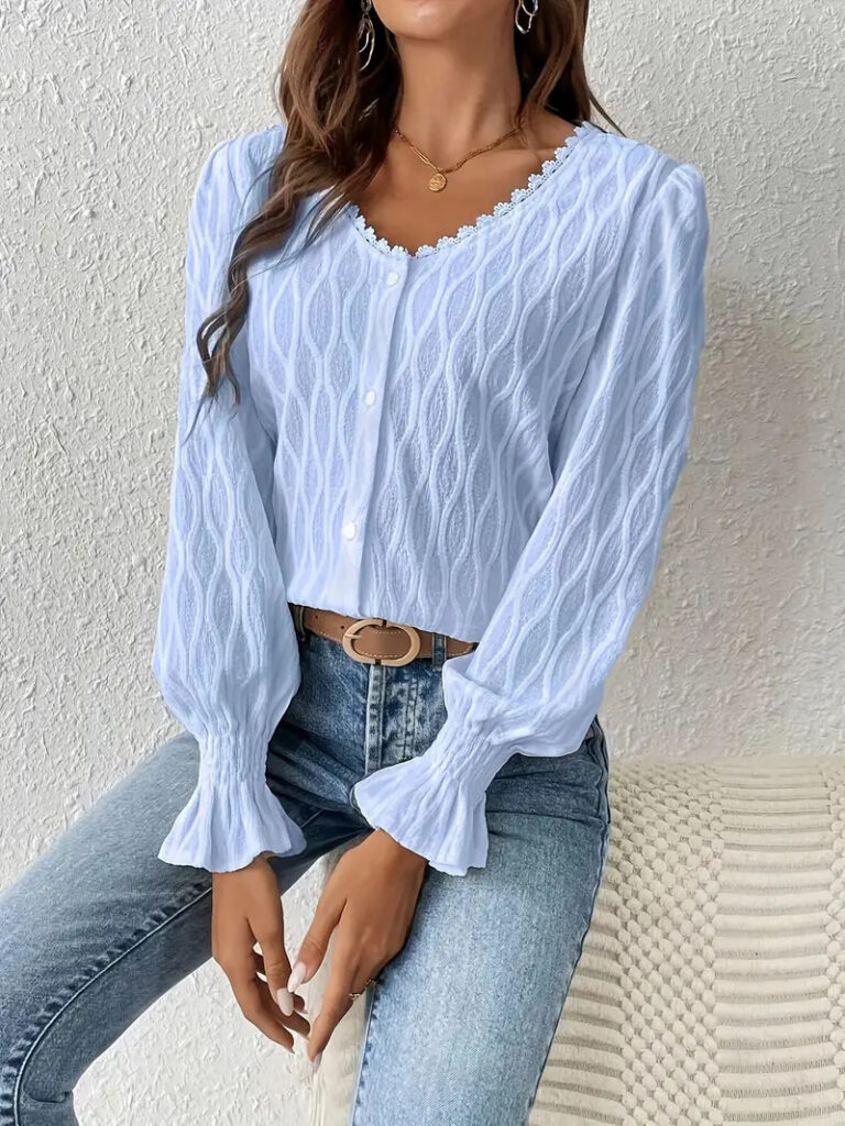 SheIn Solid-Color V-Neck Top With Flared Sleeves