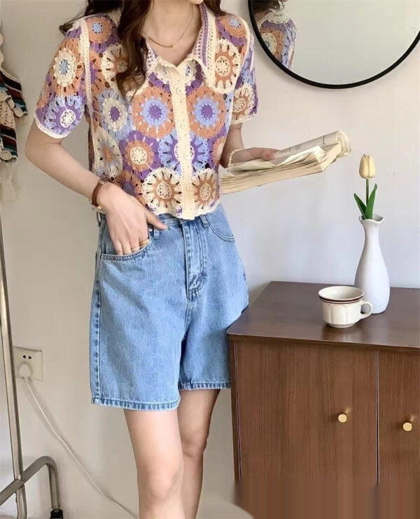 Hollow Out Embroidered Flattering Womens Top Short Sleeve Knit Sweater - Image 7