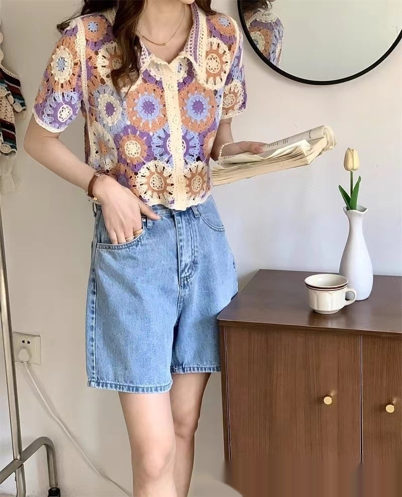 Hollow Out Embroidered Flattering Womens Top Short Sleeve Knit Sweater - Image 7