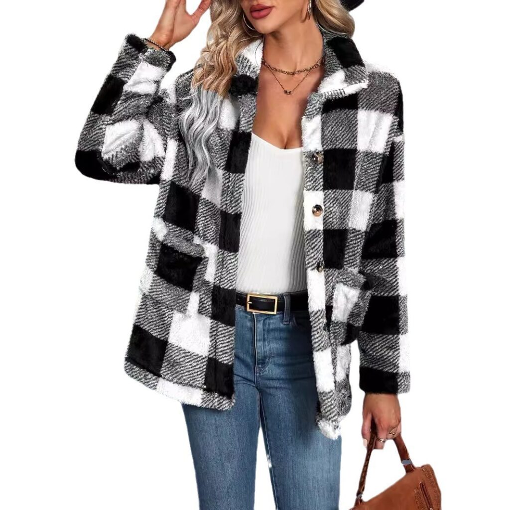 Woman in plaid jacket and hat.