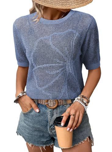 Woman in blue knitted top, denim shorts.