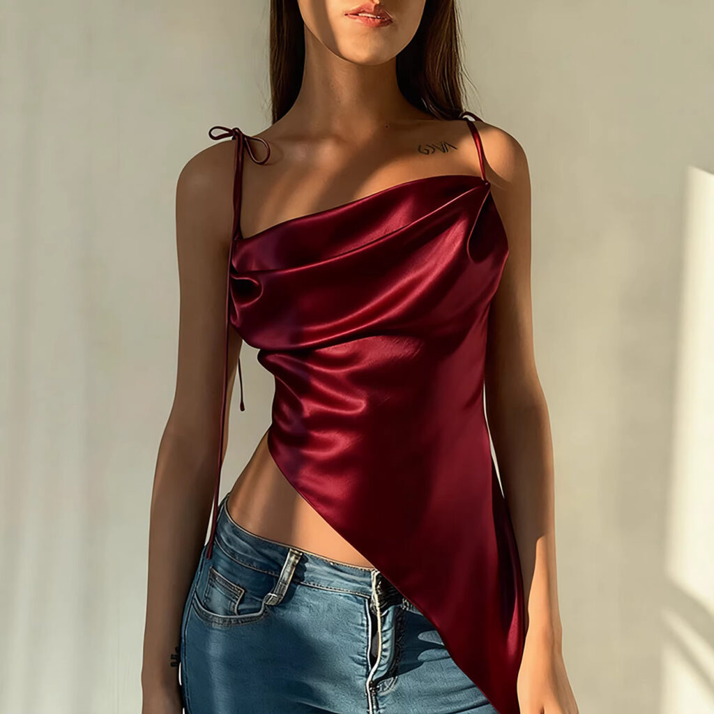 Woman in satin top and jeans.