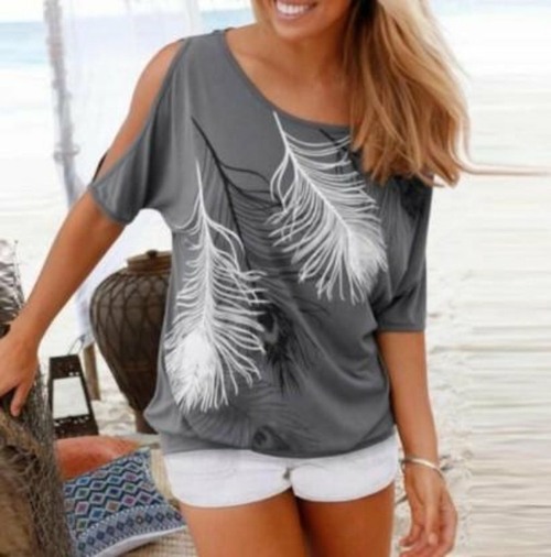 Womens Cut Shoulder Casual T Shirt with Feather Print - Image 2