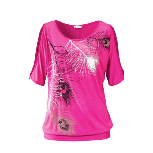 Womens Cut Shoulder Casual T Shirt with Feather Print - Image 4