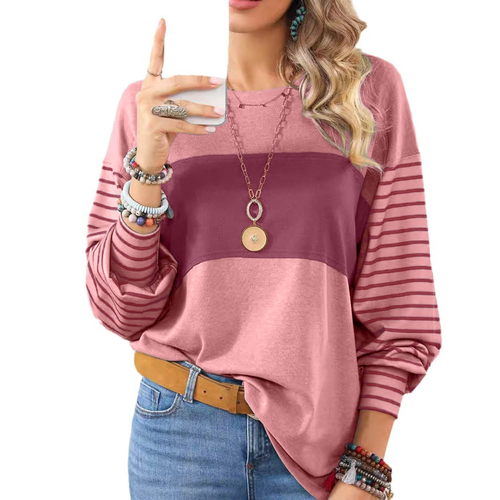 Womens Long Sleeve Pullover Tops Striped Basice T-shirt - Image 2