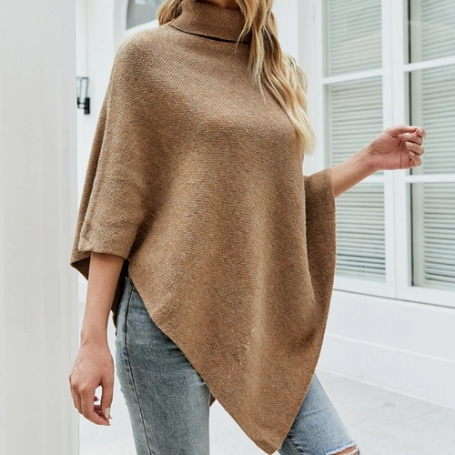 Womens Turtleneck Poncho With Side Buttons Details - Image 3