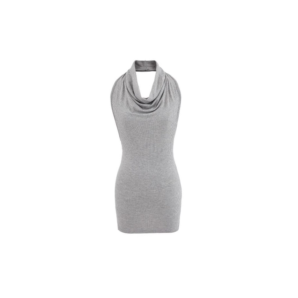 Gray cowl neck sleeveless dress.
