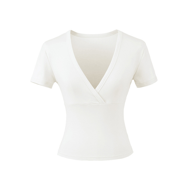 White short-sleeve V-neck fitted top.