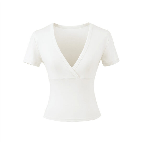 White V-neck short-sleeve fitted top.